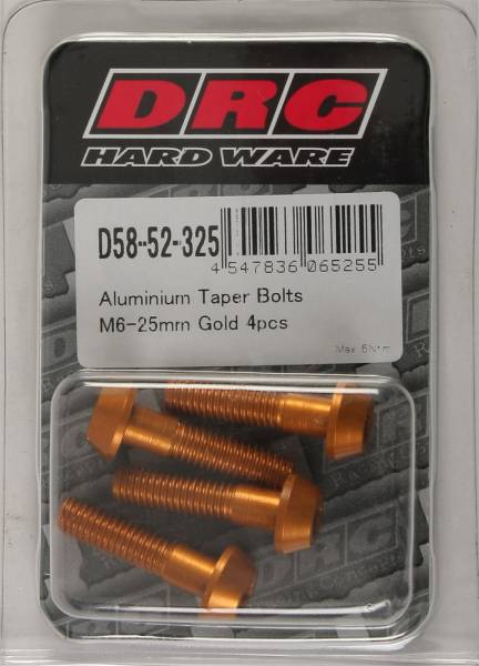 DRC - ALUMINUM TAPER BOLTS GOLD M6X25MM 4/PK - Image 1