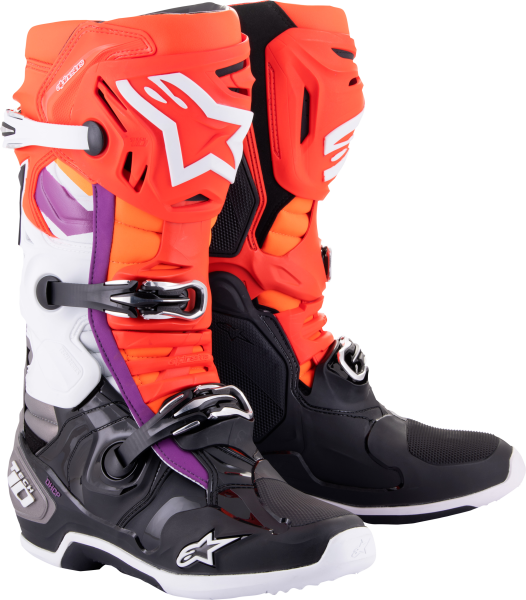 ALPINESTARS - TECH 10 BOOTS BLK/FLO RED/FLO ORG/WHT SZ 7 - Image 1