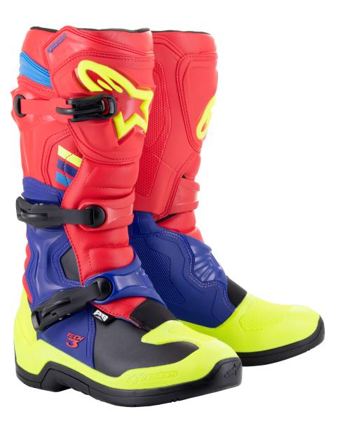 ALPINESTARS - TECH 3 BOOTS BRIGHT RED/BLUE/FLUO YEL SZ 5 - Image 1