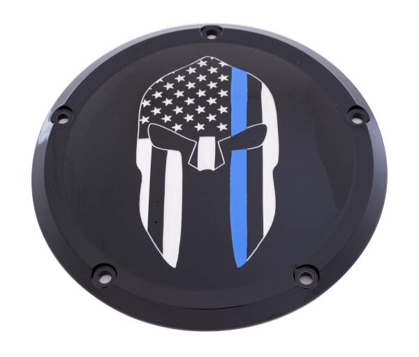 CUSTOM ENGRAVING - 7   M8 FLT/FLH DERBY COVER SPARTA BLUE LINE BLACK - Image 1