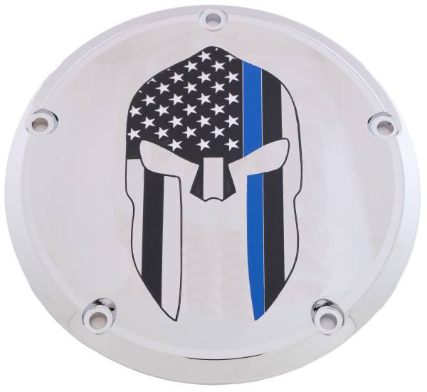 CUSTOM ENGRAVING - 7   M8 FLT/FLH DERBY COVER SPARTA BLUE LINE CHROME - Image 1