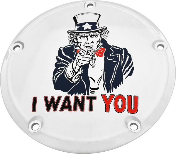 CUSTOM ENGRAVING - 6   M8 SOFTAIL DERBY COVER UNCLE SAM CHROME - Image 1