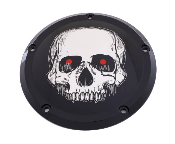 CUSTOM ENGRAVING - 7   M8 FLT/FLH DERBY COVER SKULL BLACK - Image 1