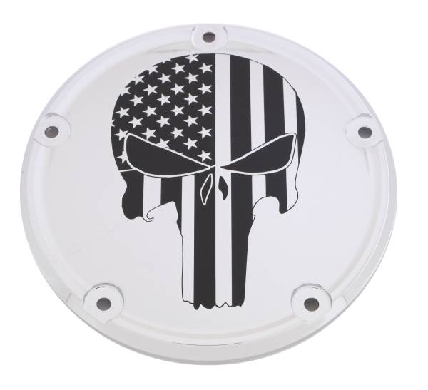 CUSTOM ENGRAVING - 7   M8 FLT/FLH DERBY COVER PUNISHER CHROME - Image 1