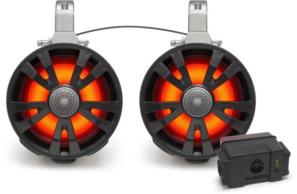 ECOXGEAR - 2-PACK BLACK 8' SPEAKERS ONE AMPLIFIED + BATTERY ONE NO - Image 1