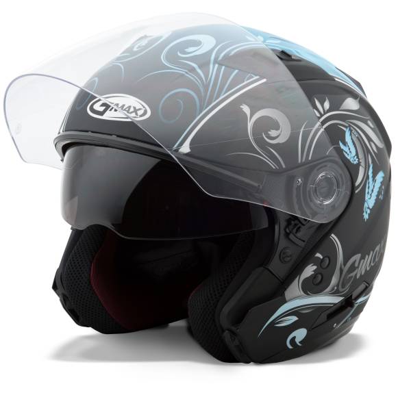 GMAX - OF-77 OPEN-FACE BUTTERFLIES HELMET MATTE BLK/LIGHT BLUE LG - Image 1