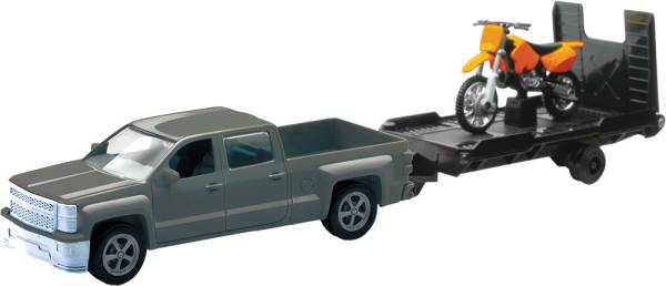 NEW-RAY - REPLICA 1:43 TRK/TRAILER/BIKE CHEVY SILVER/BIKE ORANGE - Image 1