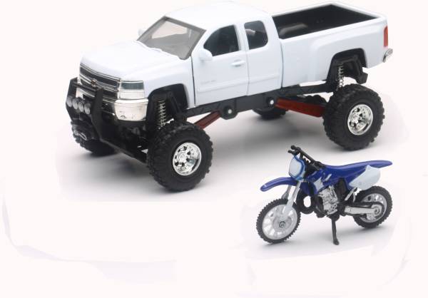 NEW-RAY - REPLICA 1:43 TRUCK/RACE BIKE CHEVY WHITE/YAMAHA BIKE BLUE - Image 1