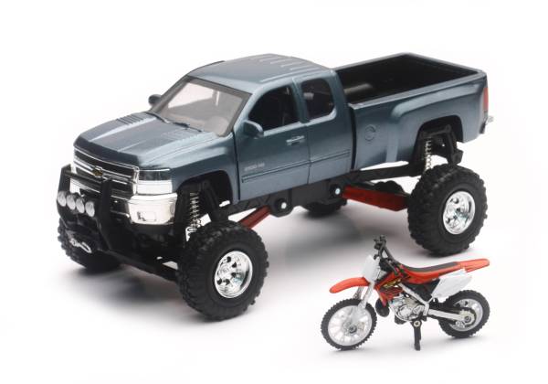 NEW-RAY - REPLICA 1:43 TRUCK/RACE BIKE CHEVY GREY/HONDA BIKE RED - Image 1