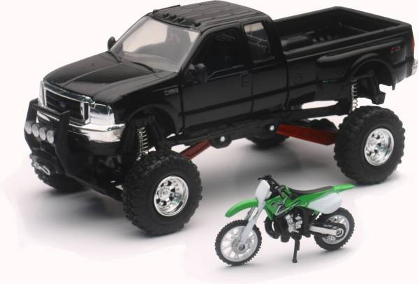 NEW-RAY - REPLICA 1:43 TRUCK/RACE BIKE CHEVY BLACK/BIKE GREEN - Image 1