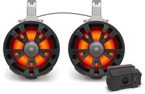 2-PACK BLACK 8' SPEAKERS ONE AMPLIFIED + BATTERY ONE NO